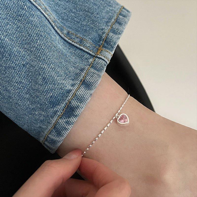 925 Whole Body Sterling Silver Love Pink Rice Grain Anklet Female Korean Version Simple Peach Heart-Shaped Student Girlfriend Accessories - MODE BY OH