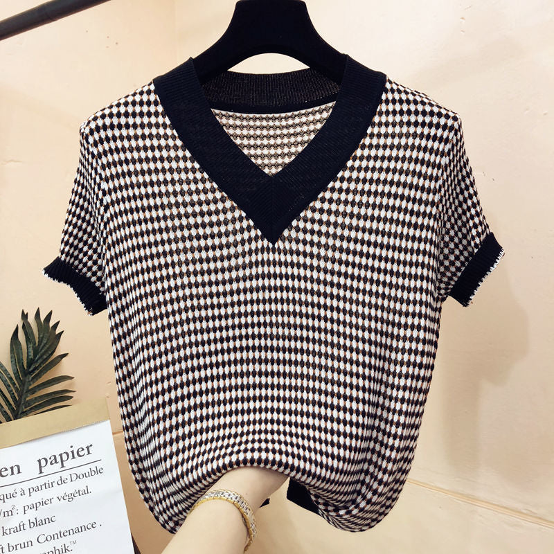 Women's Sweater Fine Plaid V-neck Bottoming Top
