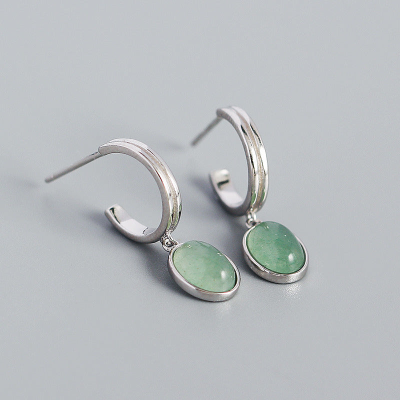 S925 Silver Stud Earrings C- Shaped High-grade Green Aventurine Retro Silver earrings