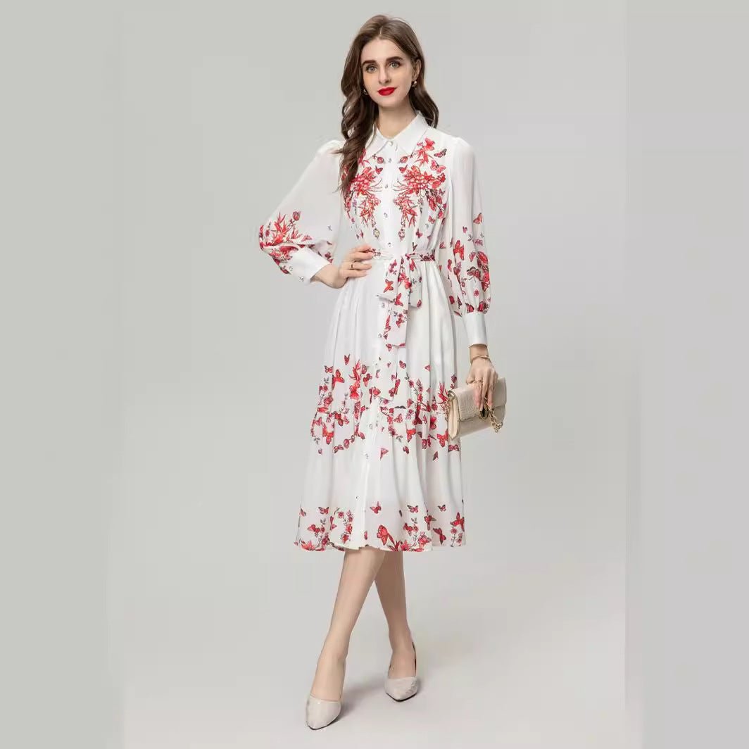 Heavy Industry Beads Printed Flowers On Chest Lace-up Long Sleeve Dress | MODE BY OH
