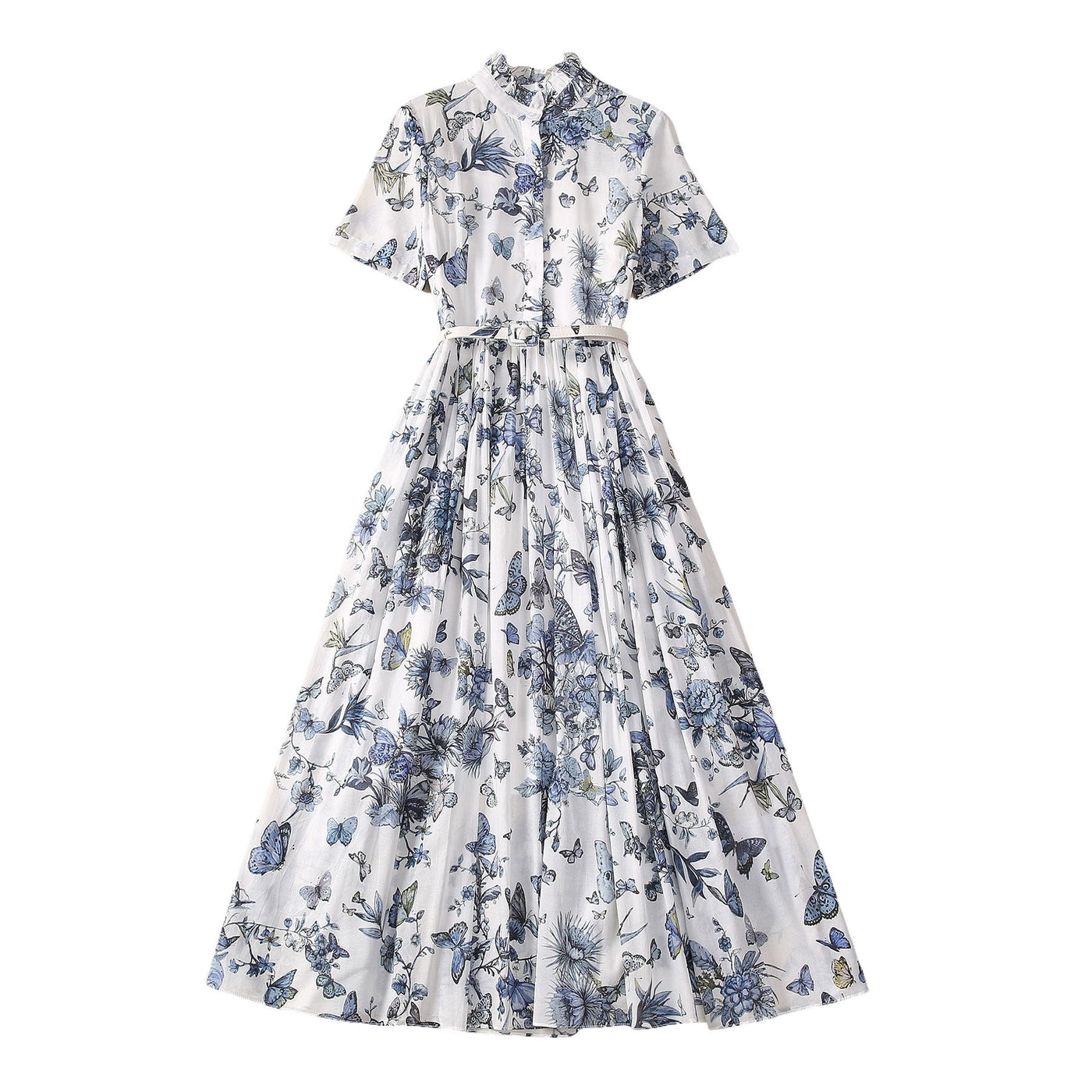 Stringy Selvedge Stand-up Collar Butterfly Flower Thin Cotton Dress | MODE BY OH