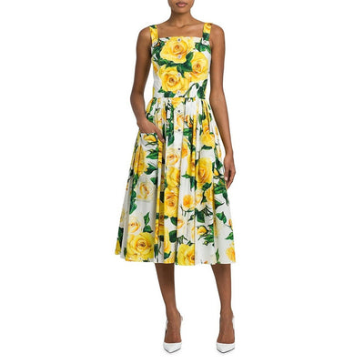 Fritillary Button Large Pocket Yellow Roses Sling Dress | MODE BY OH