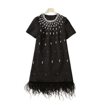Handmade Nail Rhinestone Feather Loose Waist Dress | MODE BY OH