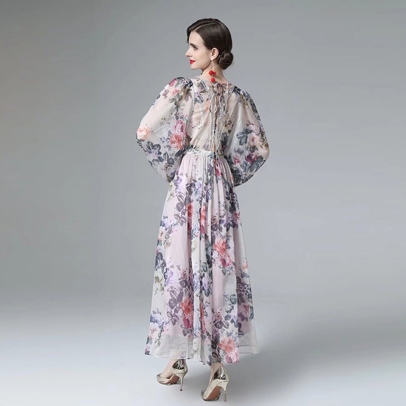 See-through Back Strap Chiffon Printed V-neck Long-sleeve Dress | MODE BY OH
