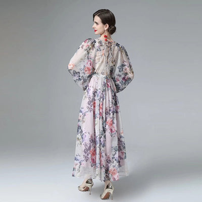 See-through Back Strap Chiffon Printed V-neck Long-sleeve Dress | MODE BY OH
