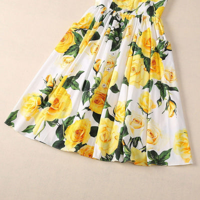 Fritillary Button Large Pocket Yellow Roses Sling Dress | MODE BY OH