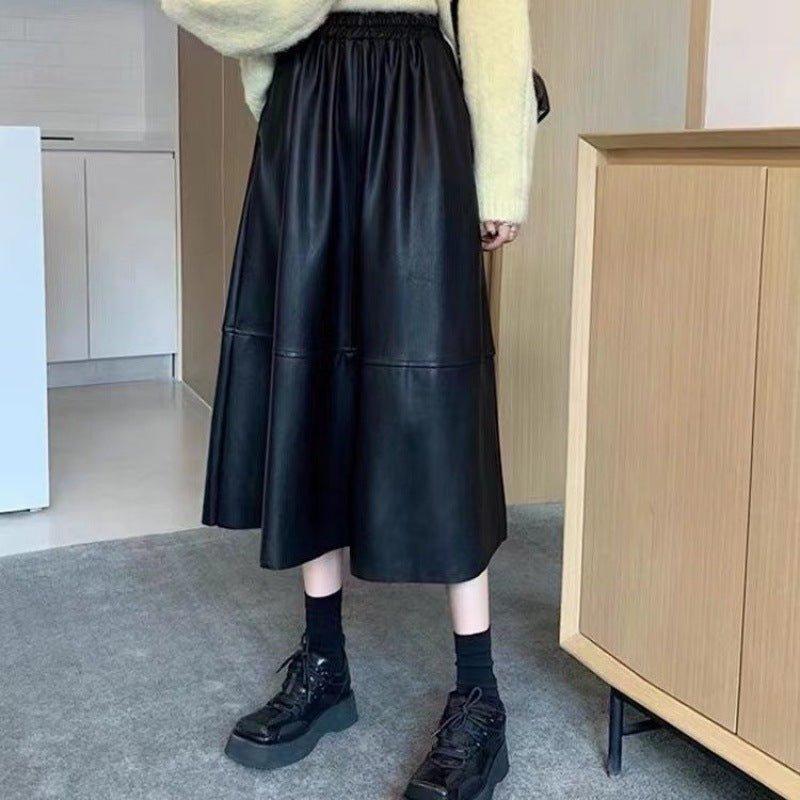 Leather Skirt Women's Mid-length A- Line High Waist Skirt | MODE BY OH