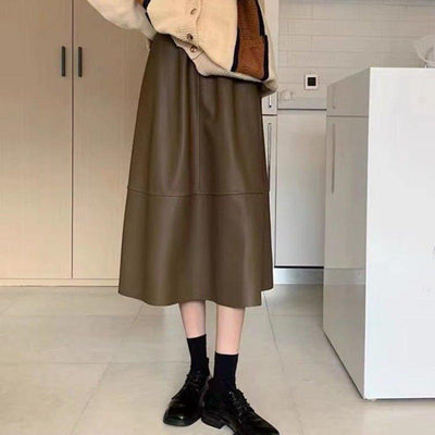 Leather Skirt Women's Mid-length A- Line High Waist Skirt - MODE BY OH