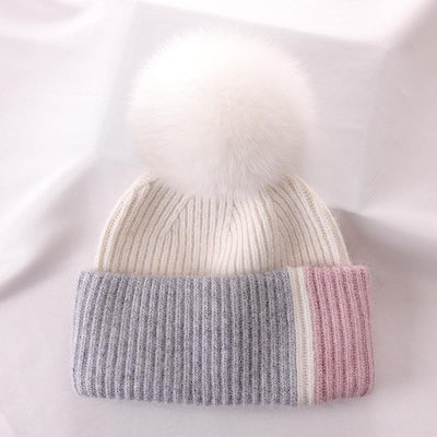 Rabbit Fur Autumn Winter Korean Cute Real Fox Fur Ball Thick Warm Plush Knitted Hat - MODE BY OH