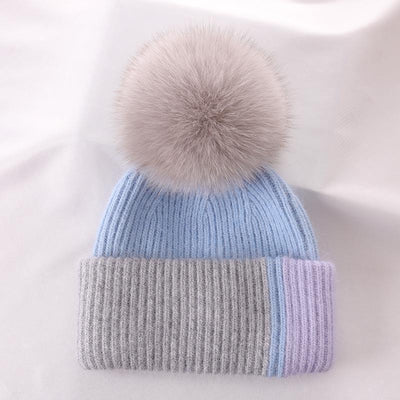 Rabbit Fur Autumn Winter Korean Cute Real Fox Fur Ball Thick Warm Plush Knitted Hat - MODE BY OH
