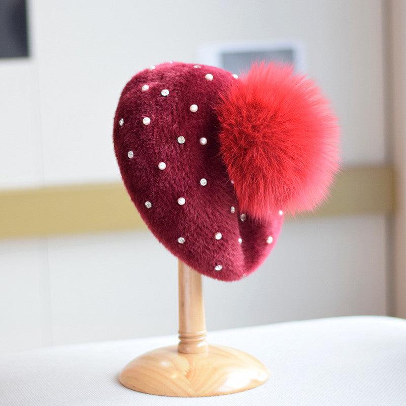 Rhinestone Mink-like Wool Beret Japanese Style Sweet And Cute Painter Cap - MODE BY OH