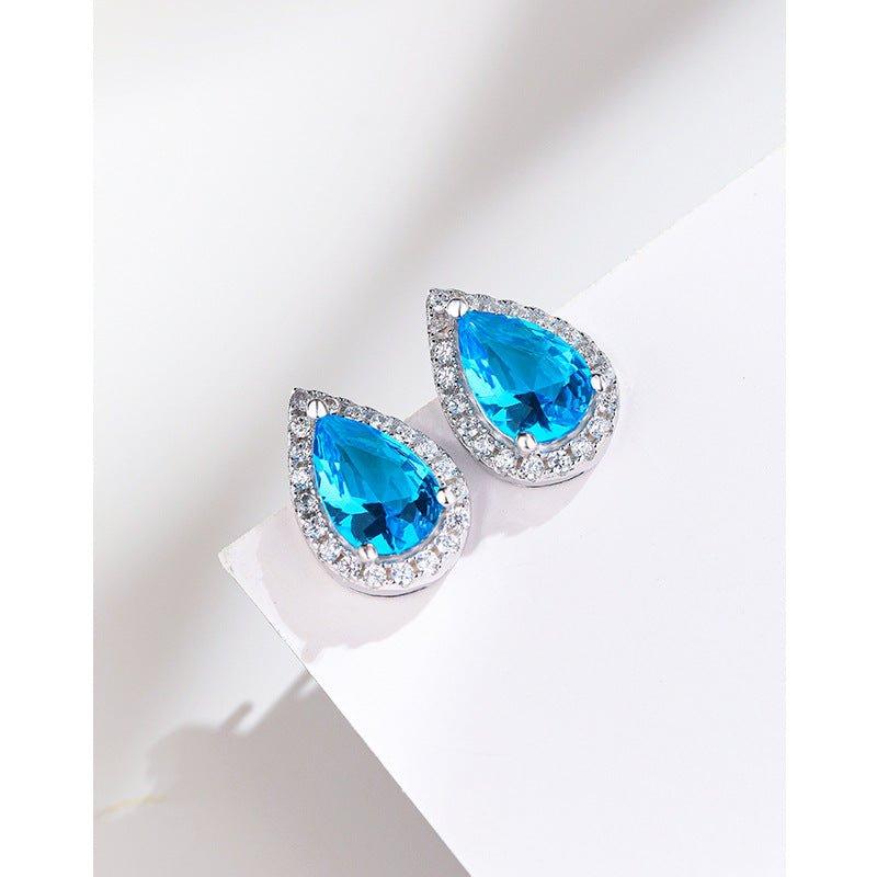 S925 Sterling Silver Water Drop Sea Blue Zirconium Stud Earrings Simple | MODE BY OH