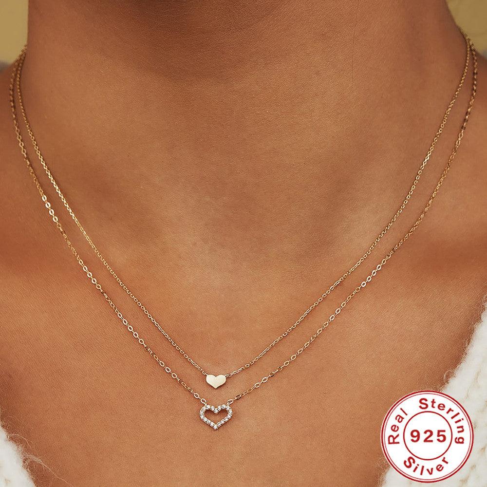 Sterling Silver Temperamental Twin Hollow Heart Shape With Diamond Double-layer Clavicle Necklace | MODE BY OH