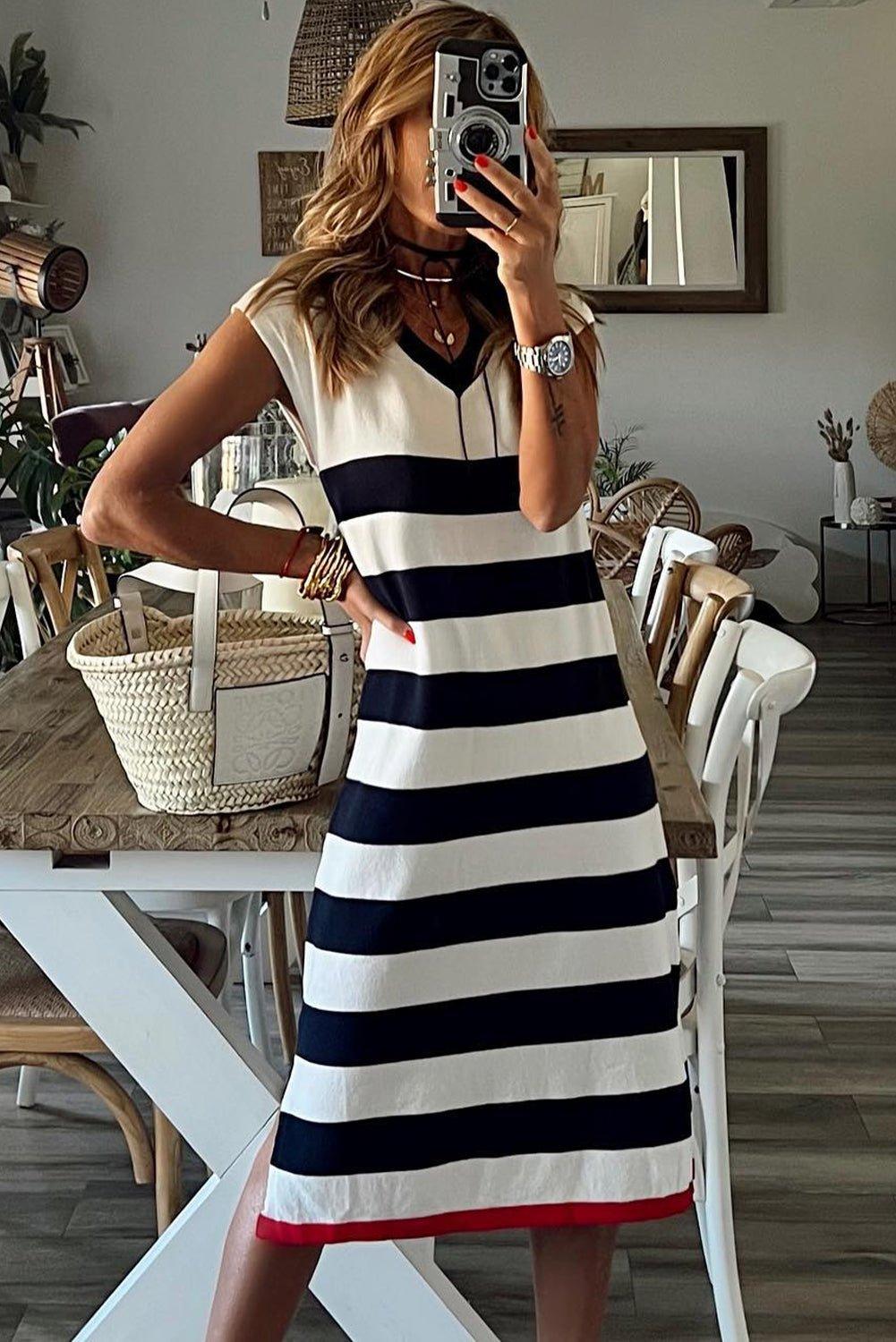 Stripe Elegant V Neck Cap Sleeve Midi Dress | MODE BY OH
