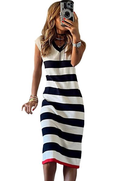 Stripe Elegant V Neck Cap Sleeve Midi Dress | MODE BY OH