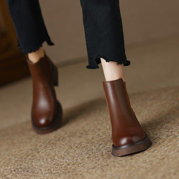 Thick Medium Heel Simple Round Toe Boots | MODE BY OH