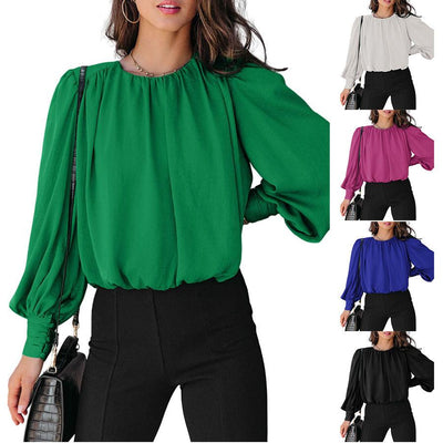 Women's Fashion Solid Color Round Neck Long Sleeve Shirt | MODE BY OH