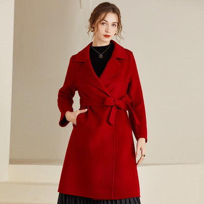 Women's Mid-length Belt Wool Reversible Woolen Coat | MODE BY OH