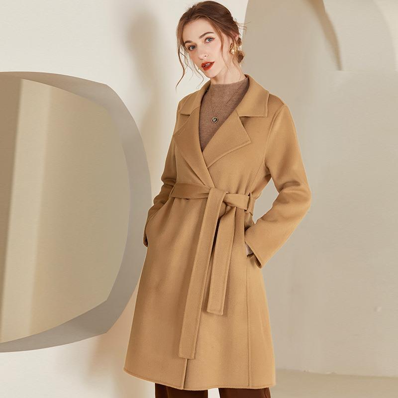 Women's Mid-length Belt Wool Reversible Woolen Coat | MODE BY OH