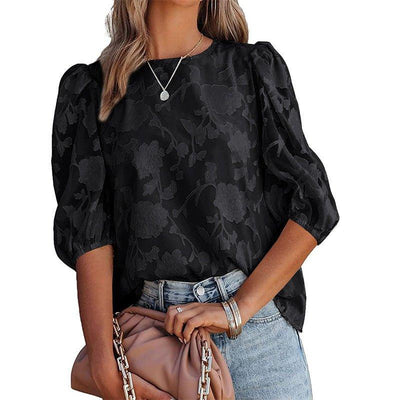 Women's Puff Sleeve Chiffon Loose Top Flower Texture Shirt | MODE BY OH