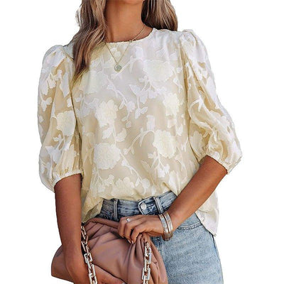 Women's Puff Sleeve Chiffon Loose Top Flower Texture Shirt | MODE BY OH