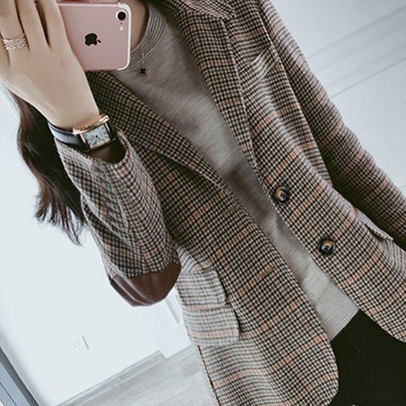 Woolen plaid small suit women jacket | MODE BY OH