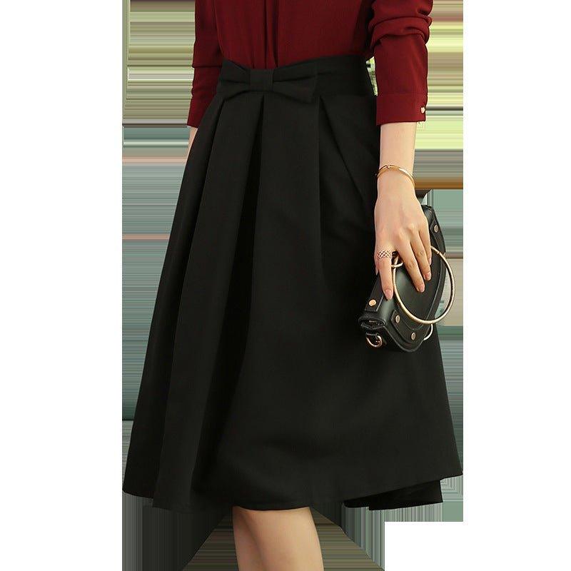 Black skirt bow tie slim waist professional mid skirt white collar work skirt - MODE BY OH