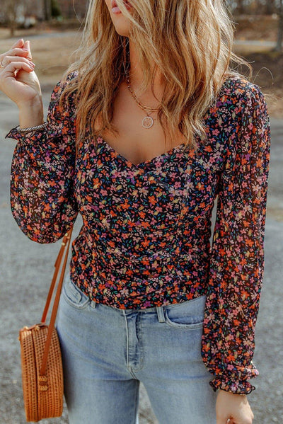 Black V Neck Bubble Sleeve Floral Blouse - MODE BY OH