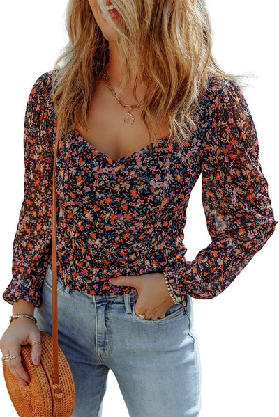 Black V Neck Bubble Sleeve Floral Blouse - MODE BY OH