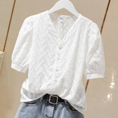 Cotton Embroidered Puff Sleeve Shirt Tops Women White Ladies Shirts | MODE BY OH
