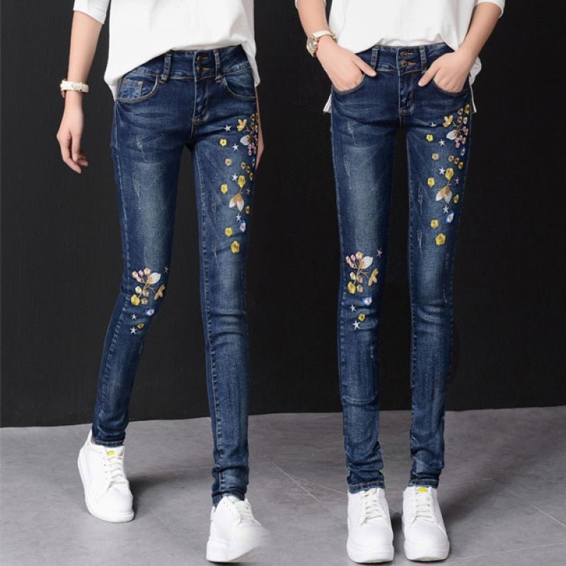 Embroidered High-rise Stretch Jeans | MODE BY OH