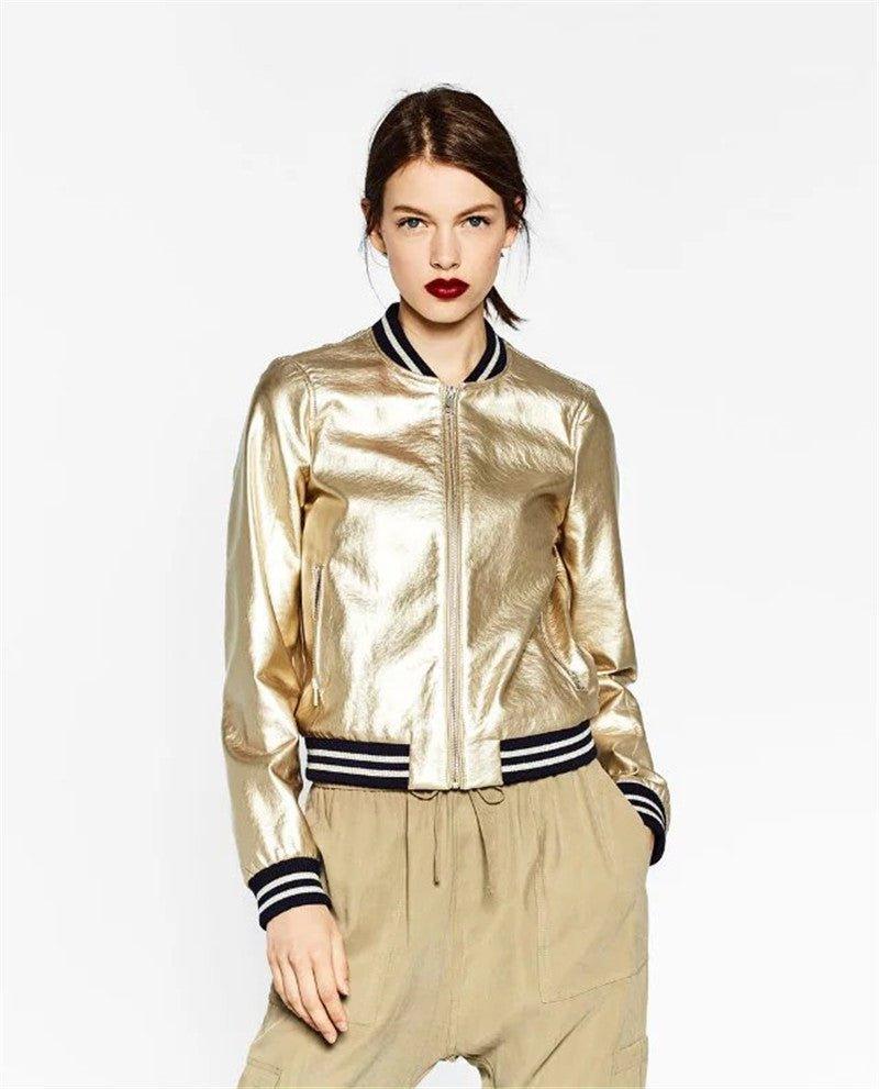 Fashion Metallic Round Neck Zipper PU Leather Flight Jacket | MODE BY OH