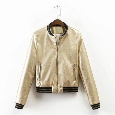 Fashion Metallic Round Neck Zipper PU Leather Flight Jacket | MODE BY OH