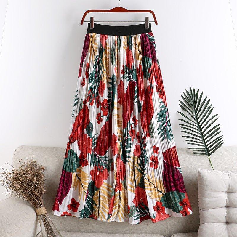 Floral Floral Skirt Female High Waist Slimming A-line Chiffon Printed Pleated Skirt Mid-length - MODE BY OH
