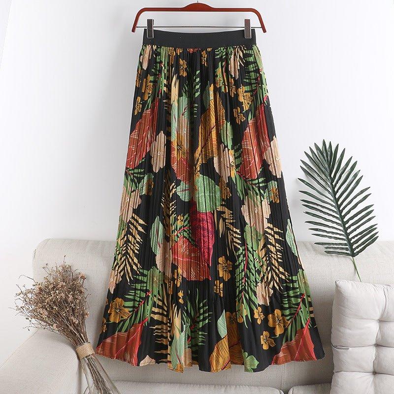 Floral Floral Skirt Female High Waist Slimming A-line Chiffon Printed Pleated Skirt Mid-length - MODE BY OH