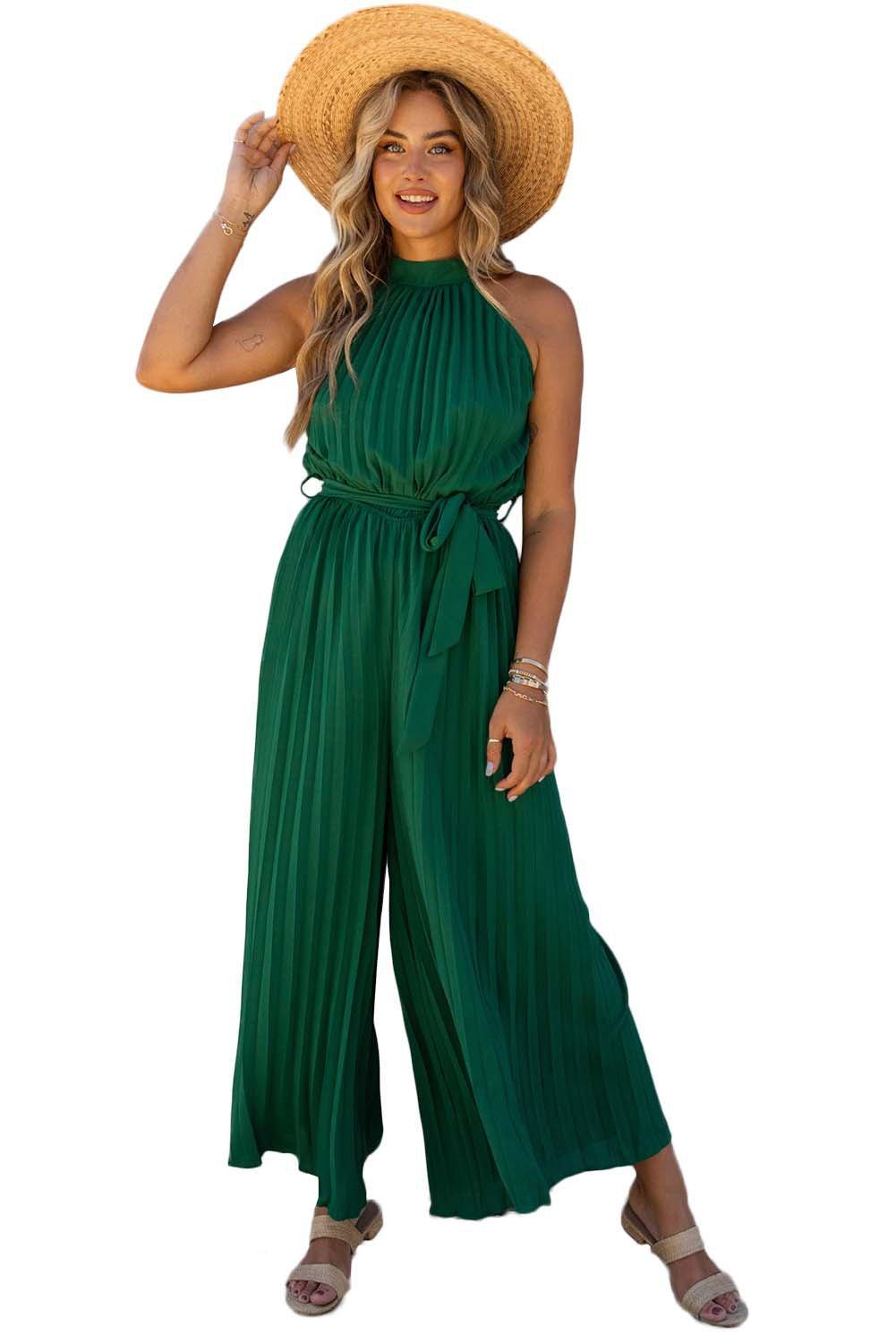 Green Elegant Halter Neck Belted Pleated Wide Leg Jumpsuit | MODE BY OH