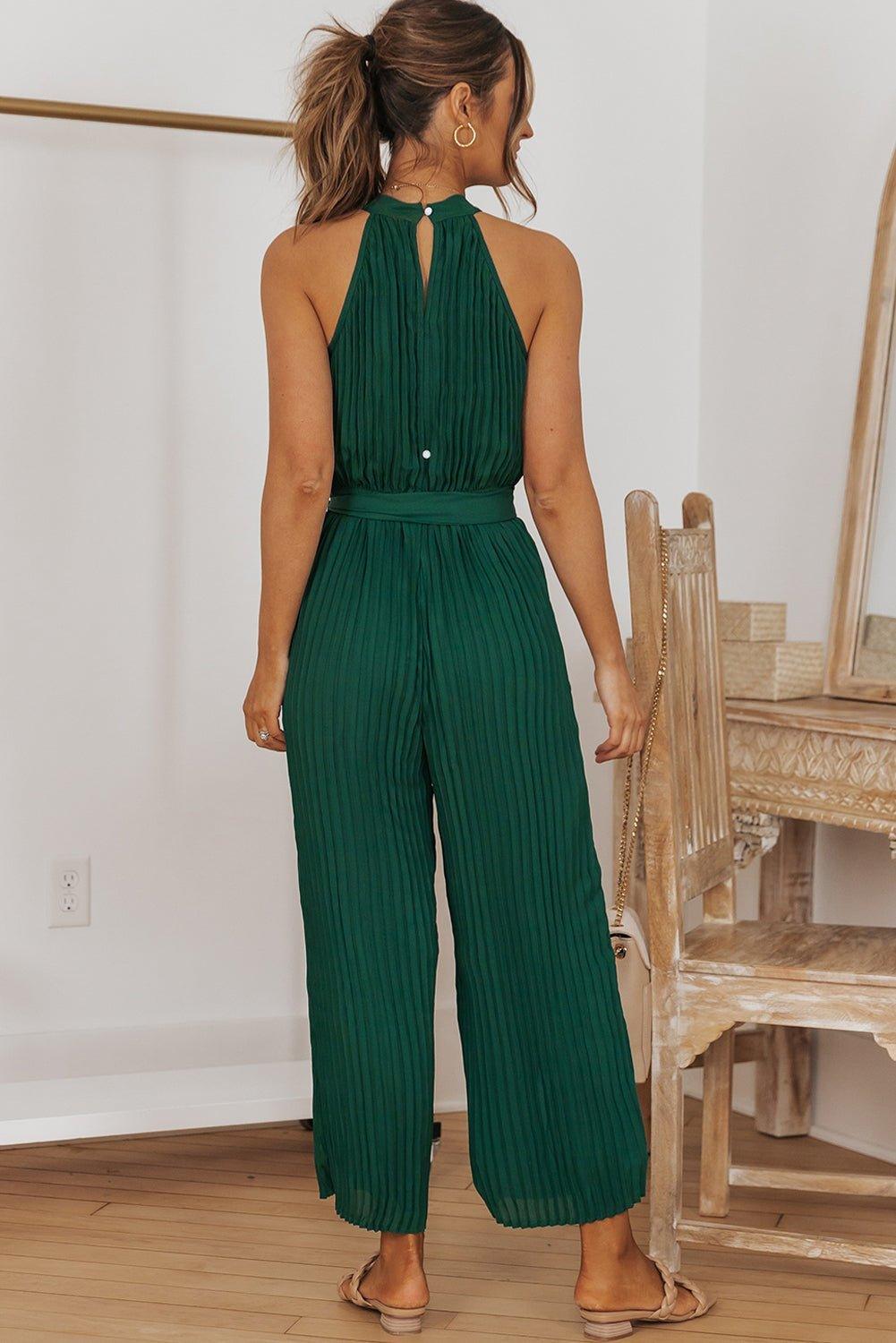Green Elegant Halter Neck Belted Pleated Wide Leg Jumpsuit | MODE BY OH