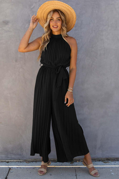 Green Elegant Halter Neck Belted Pleated Wide Leg Jumpsuit - MODE BY OH