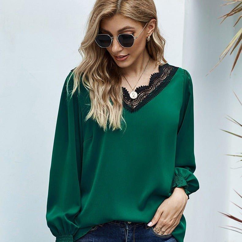 Lace V-neck Long-Sleeved Chiffon Shirt | MODE BY OH