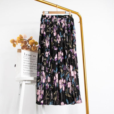 Mid-Length Chiffon Pleated Floral Skirt - MODE BY OH