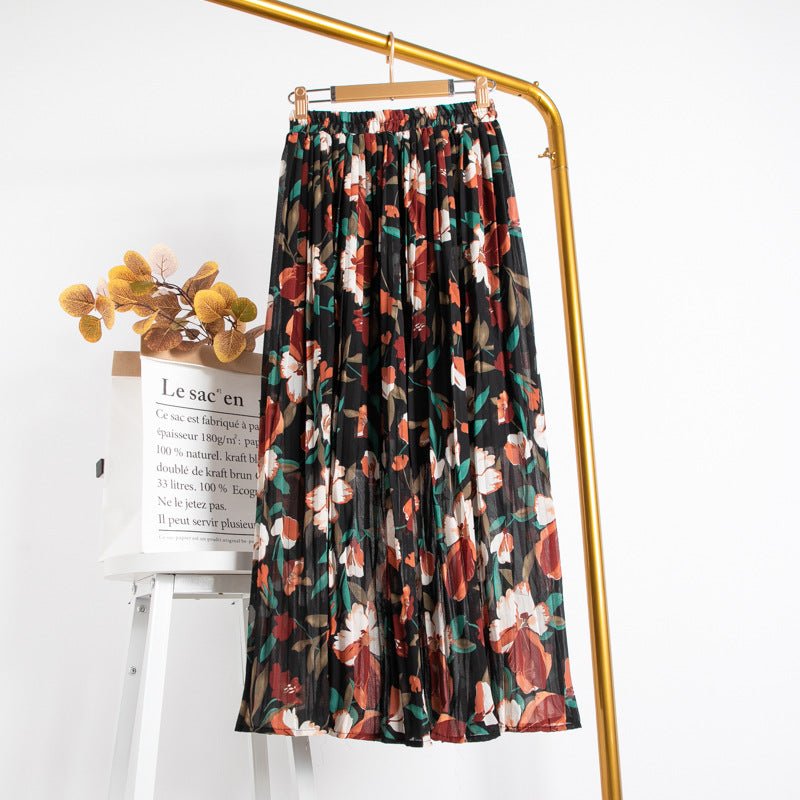Mid-Length Chiffon Pleated Floral Skirt | MODE BY OH