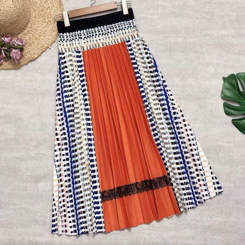 New Women's Skirts Stitching Pleated Skirt Bohemian Plaid A-line Skirt - MODE BY OH