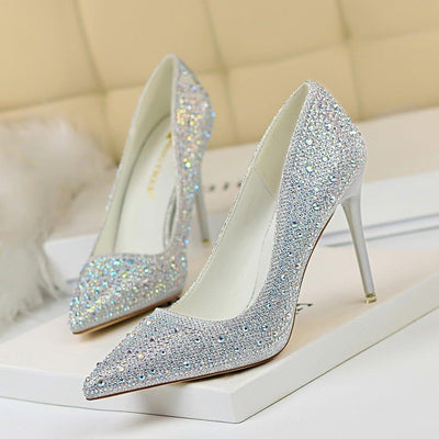 Pointed Toe Sexy Slimming Rhinestone Color Diamond High-heeled Shoes | MODE BY OH