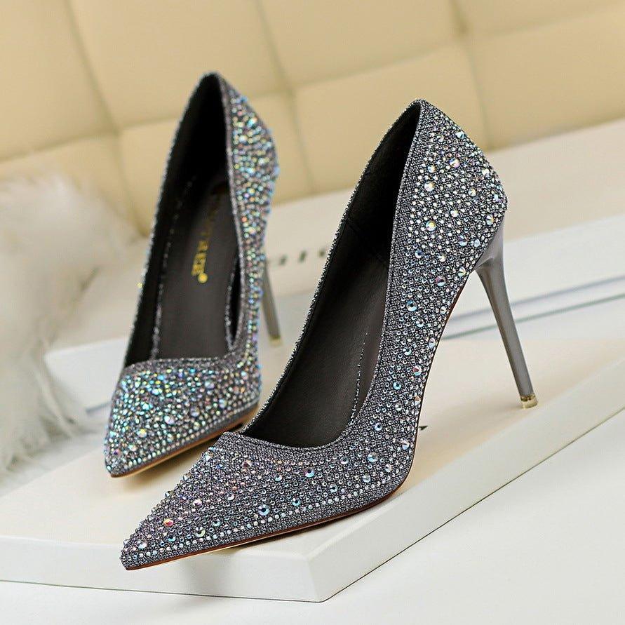 Pointed Toe Sexy Slimming Rhinestone Color Diamond High-heeled Shoes | MODE BY OH