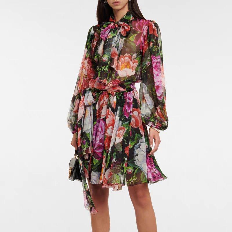 Printed Chiffon Long-sleeved Dress For Women - MODE BY OH