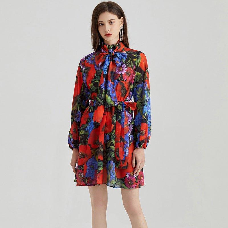 Printed Chiffon Long-sleeved Dress For Women - MODE BY OH