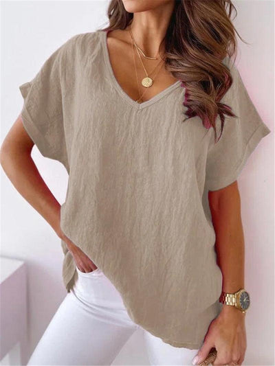 Solid Color Cotton And Linen Short-sleeved V-neck Shirt T-shirt For Women | MODE BY OH