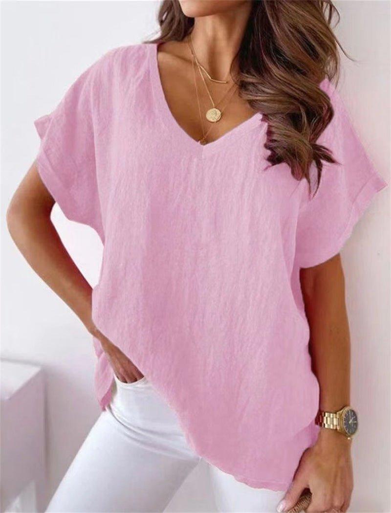 Solid Color Cotton And Linen Short-sleeved V-neck Shirt T-shirt For Women - MODE BY OH