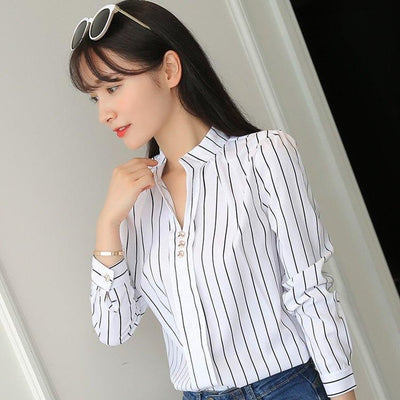 Striped stand collar blouse | MODE BY OH
