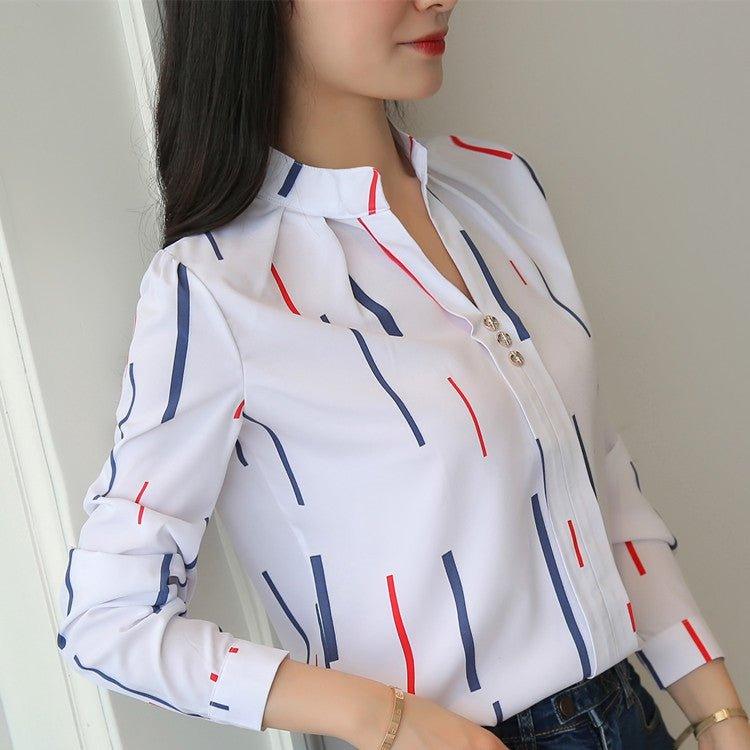 Striped stand collar blouse | MODE BY OH